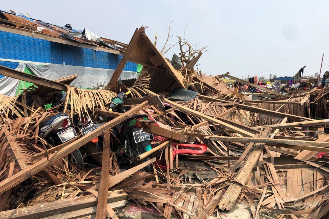 Shelters in Thae Chaung IDP camp that were damaged by Cyclone Mocha. Sittwe, Rakhine. Photo: Pierre Lorioux/OCHA.