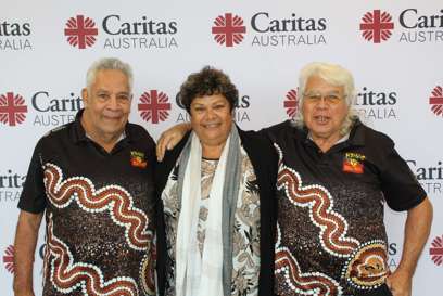 L R Uncle Bobby Young (#24), Christine Rhazi & Uncle Roger Jarrett (#12) At Caritas Australia's Sorry Day Webinar 2023.