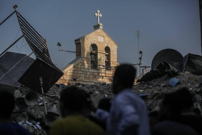 Remaining structure of a church among damage caused by an air strike