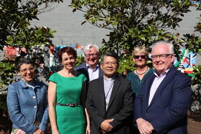 New Caritas Australia Board. L R Christine Grima, Kirsty Robertson (CEO), Jack De Groot, Bishop Vincent Long, Wendy Hughes And Robert Fitzgerald AM. Photo Daniel Nour Min